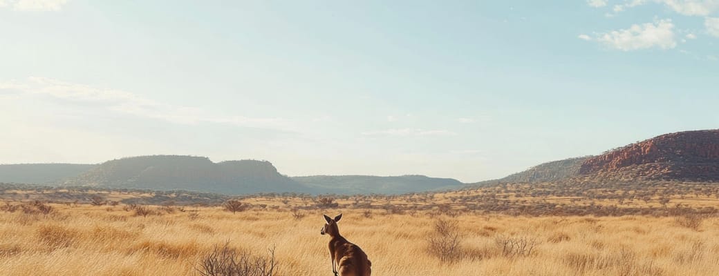 K&aelig;nguru i gyldent outback-landskab med lave buske og fjerne australske bjerge
