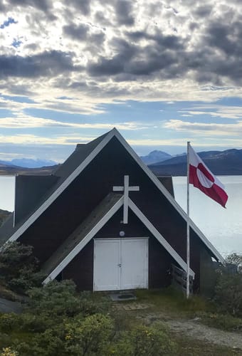 Gr&oslash;nland, kirken i Kapisillit, Nuuk fjorden