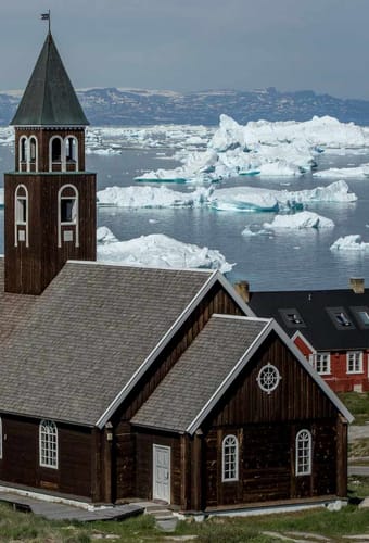 Gr&oslash;nland Ilulissat, Zions kirken, Diskobugten, Bygd, Vand, Is