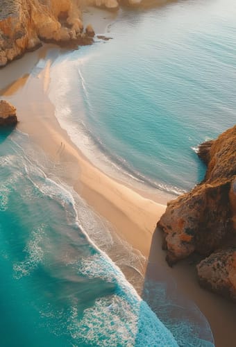Billede oppefra af klippelandskab, strand og vand ved Algarve