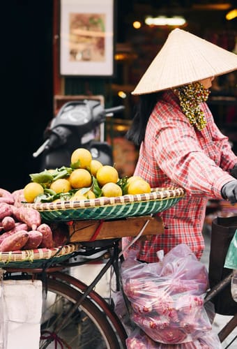 Vietnamesisk kvinde p&aring; cykel med traditionel keglehat s&aelig;lger friske frugter og gr&oslash;ntsager