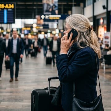 Kvinde taler i telefon i en lufthavn. AI-genereret.