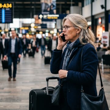 Kvinde taler i telefon i en lufthavn. AI-genereret.