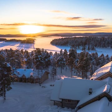 Finland, Finske Lapland, Nangu Wilderness Hotel, Solnedgang, Sne