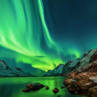 smukt gr&oslash;nt nordlys over vand i island