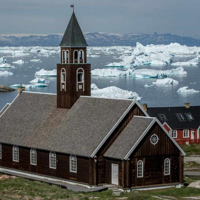 Gr&oslash;nland Ilulissat, Zions kirken, Diskobugten, Bygd, Vand, Is