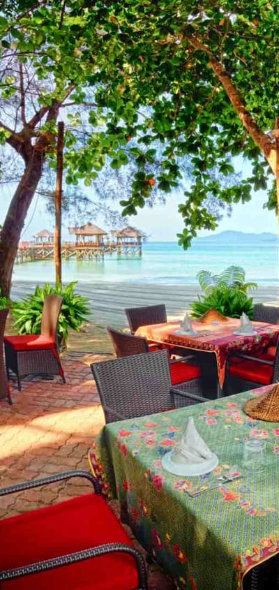 Malaysia, Borneo, Gaya Island Bungaraya Island Resort Dinner View