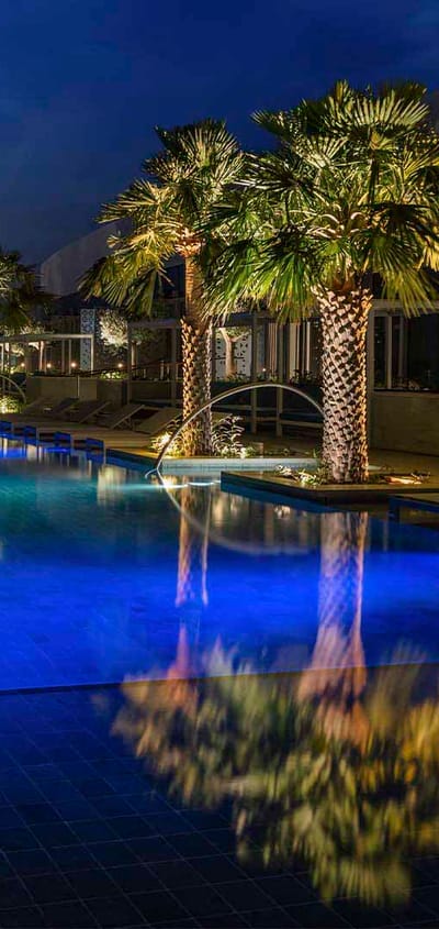 Dubai Address Beach Resort, Infinity Pool Deck Night, Palmer