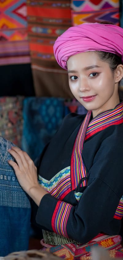 pretty asian tai lue women beautifully wearing local dress traditional fabrics and textiles with unique craftsmanship and famous sarong the old house