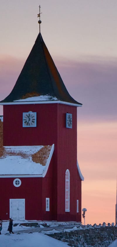 Grønland, Sisimiut, Kirke, Aftenlys, Tusmørke, Natur