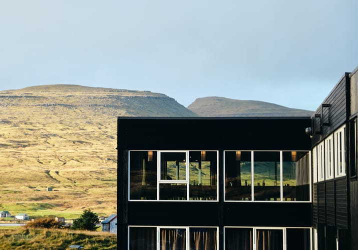 faroe island vagar exterior view mountain scaled hotel