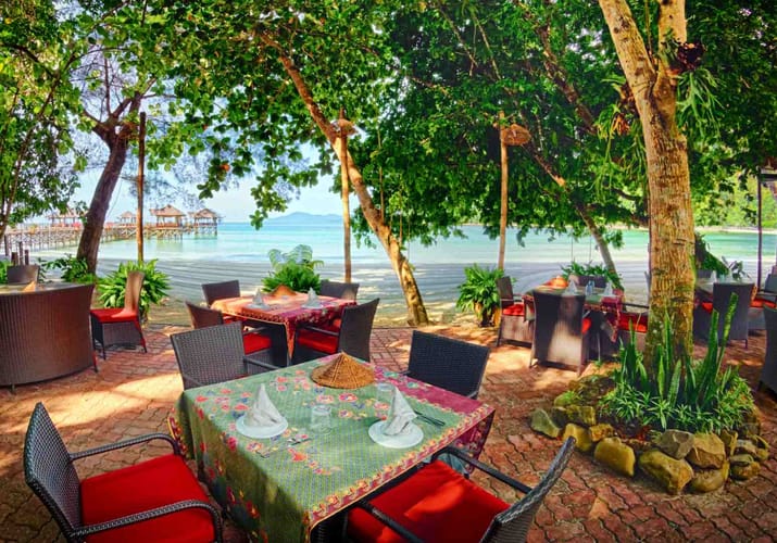 Malaysia, Borneo, Gaya Island Bungaraya Island Resort Dinner View