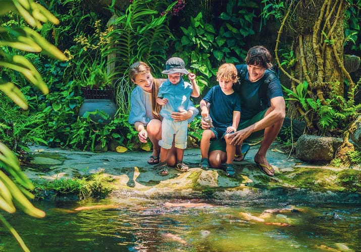 familie fodre fisk ved fredelig flod i tropisk jungle
