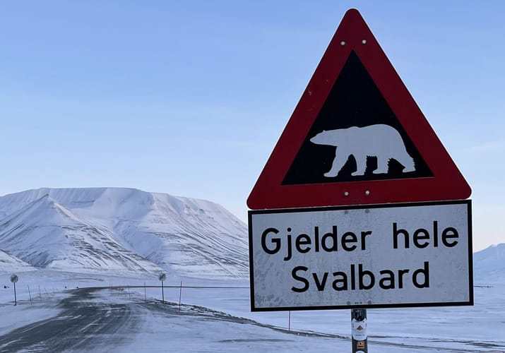 Norge, Svalbard, Longyearbyen, advarselsskilt med isbj&oslash;rne