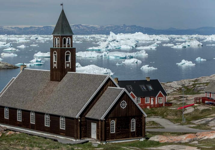 Gr&oslash;nland Ilulissat, Zions kirken, Diskobugten, Bygd, Vand, Is
