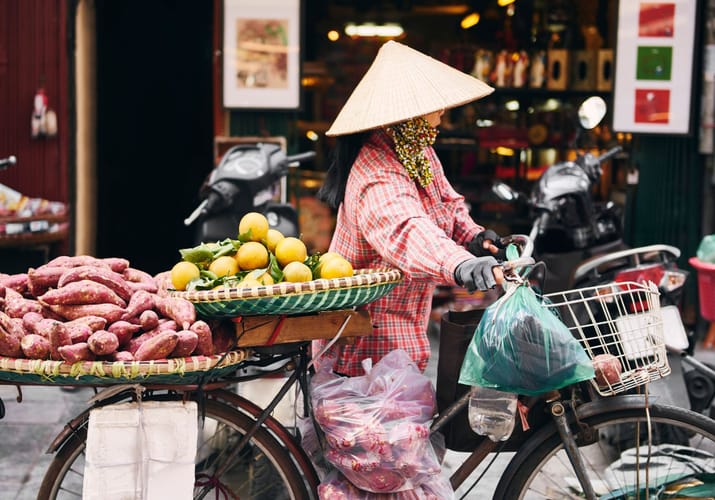 Vietnamesisk kvinde p&aring; cykel med traditionel keglehat s&aelig;lger friske frugter og gr&oslash;ntsager